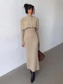 Elenzga 女款秋冬復古小立領披肩式層次感針織洋裝 - 駝色 - 查看 3