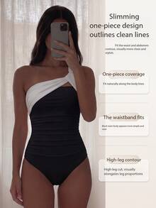 Costavie Traje de baño de una pieza con cuello asimétrico y bloqueo de color, sencillo y diario, para verano - Blanco y Negro - Ver 5