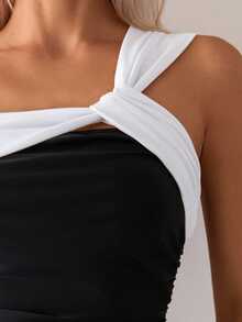 Costavie Traje de baño de una pieza con cuello asimétrico y bloqueo de color, sencillo y diario, para verano - Blanco y Negro - Ver 7