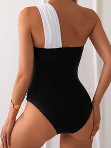 Costavie Traje de baño de una pieza con cuello asimétrico y bloqueo de color, sencillo y diario, para verano - Blanco y Negro - Ver 2