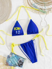 Swim Vcay Navy Blue Sporty-Chic Lace-Up Non-Underwire Sexy Vacation Bikini Swimwear 2 Pieces Set For Women For Summer - Royal Blue - View 4