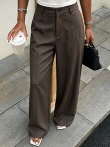 SHEIN PariChic Women's Solid Color Button & Zipper Casual Versatile Wide Leg Pants, Commuter Outfit - Brown - View 1