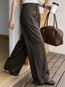 SHEIN PariChic Women's Solid Color Button & Zipper Casual Versatile Wide Leg Pants, Commuter Outfit - Brown - View 9