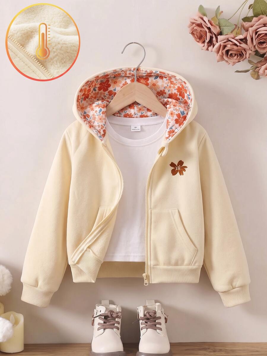 SHEIN 1件少女純色杏色極簡連帽夾克,花卉圖案裝飾,帽內花卉內裡,適合秋冬,適合學校、戶外活動、家庭聚會,保暖舒適 - 杏色 - 查看 1