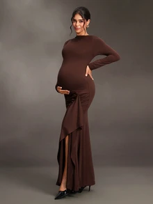 Cheriluna Maternity Gaun Hamil Lengan Panjang Warna Polos dengan Detail Kerut dan Potongan Ramping Elegan dan Chic untuk Pemotretan, Warna Cokelat, Musim Gugur, Thanksgiving - Coklat - View 6