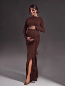 Cheriluna Maternity Gaun Hamil Lengan Panjang Warna Polos dengan Detail Kerut dan Potongan Ramping Elegan dan Chic untuk Pemotretan, Warna Cokelat, Musim Gugur, Thanksgiving - Coklat - View 1