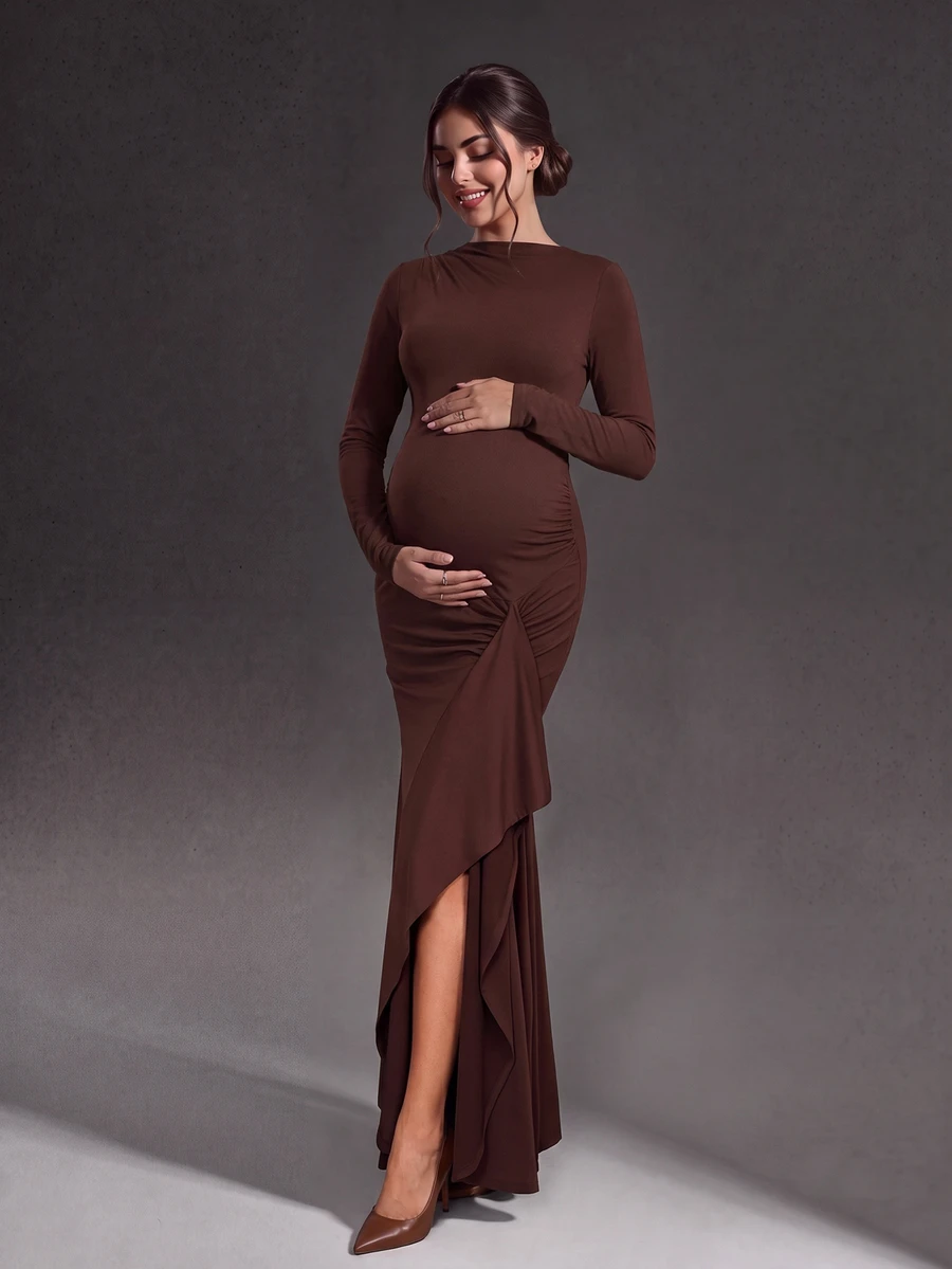 Cheriluna Maternity Gaun Hamil Lengan Panjang Warna Polos dengan Detail Kerut dan Potongan Ramping Elegan dan Chic untuk Pemotretan, Warna Cokelat, Musim Gugur, Thanksgiving - Coklat - View 1