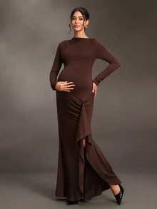 Cheriluna Maternity Gaun Hamil Lengan Panjang Warna Polos dengan Detail Kerut dan Potongan Ramping Elegan dan Chic untuk Pemotretan, Warna Cokelat, Musim Gugur, Thanksgiving - Coklat - View 5