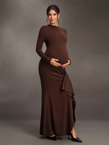 Cheriluna Maternity Gaun Hamil Lengan Panjang Warna Polos dengan Detail Kerut dan Potongan Ramping Elegan dan Chic untuk Pemotretan, Warna Cokelat, Musim Gugur, Thanksgiving - Coklat - View 7