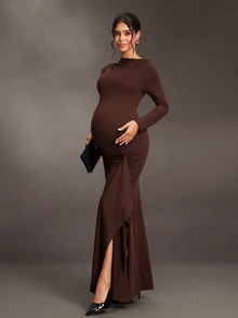 Cheriluna Maternity Gaun Hamil Lengan Panjang Warna Polos dengan Detail Kerut dan Potongan Ramping Elegan dan Chic untuk Pemotretan, Warna Cokelat, Musim Gugur, Thanksgiving - Coklat - View 8