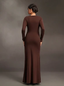Cheriluna Maternity Gaun Hamil Lengan Panjang Warna Polos dengan Detail Kerut dan Potongan Ramping Elegan dan Chic untuk Pemotretan, Warna Cokelat, Musim Gugur, Thanksgiving - Coklat - View 9