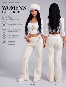 StreetHx Women's Autumn/Winter Cable Knit Flared Leg Ribbed Waist Knot Button Contrast Rib Design Versatile Y2K Casual Streetwear Knit Sweater Pants - White - View 3