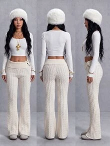 StreetHx Women's Autumn/Winter Cable Knit Flared Leg Ribbed Waist Knot Button Contrast Rib Design Versatile Y2K Casual Streetwear Knit Sweater Pants - White - View 4