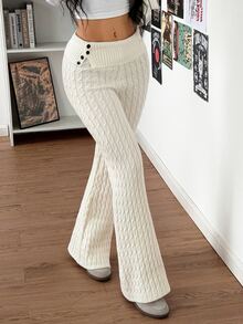 StreetHx Women's Autumn/Winter Cable Knit Flared Leg Ribbed Waist Knot Button Contrast Rib Design Versatile Y2K Casual Streetwear Knit Sweater Pants - White - View 9