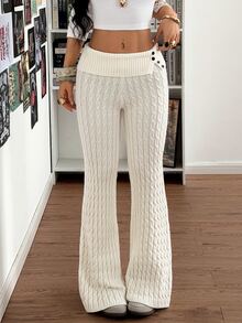 StreetHx Women's Autumn/Winter Cable Knit Flared Leg Ribbed Waist Knot Button Contrast Rib Design Versatile Y2K Casual Streetwear Knit Sweater Pants - White - View 6