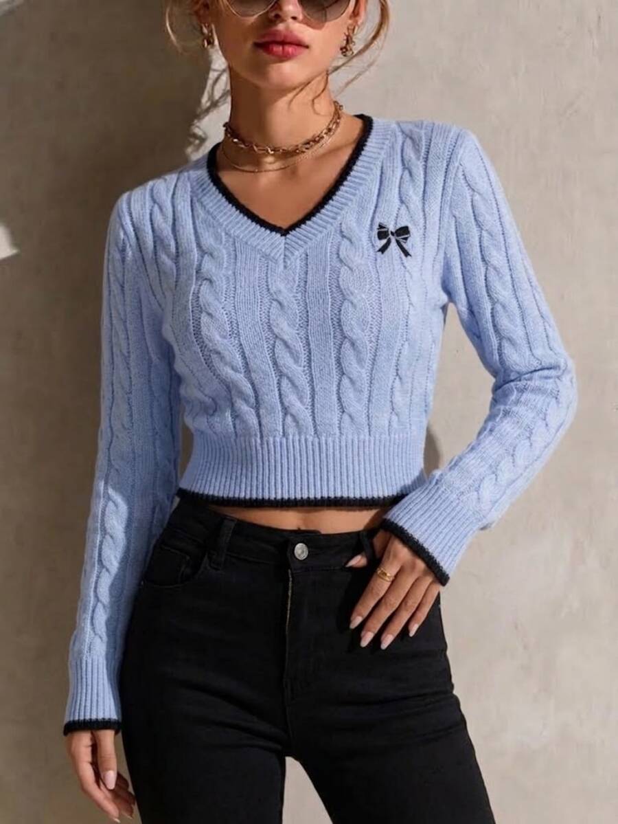 Breezaya 秋冬时尚蝴蝶刺绣V领粗针织女套头衫 - 藍色 - 查看 1