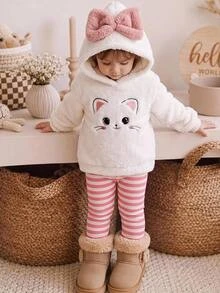 SHEIN Setelan Baju Hoodie dan Celana Panjang Bergaris Motif Kartun Lucu untuk Bayi Perempuan - Putih - View 4