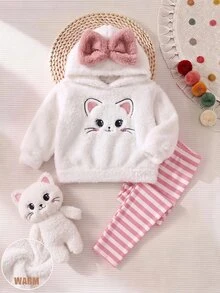 SHEIN Setelan Baju Hoodie dan Celana Panjang Bergaris Motif Kartun Lucu untuk Bayi Perempuan - Putih - View 9