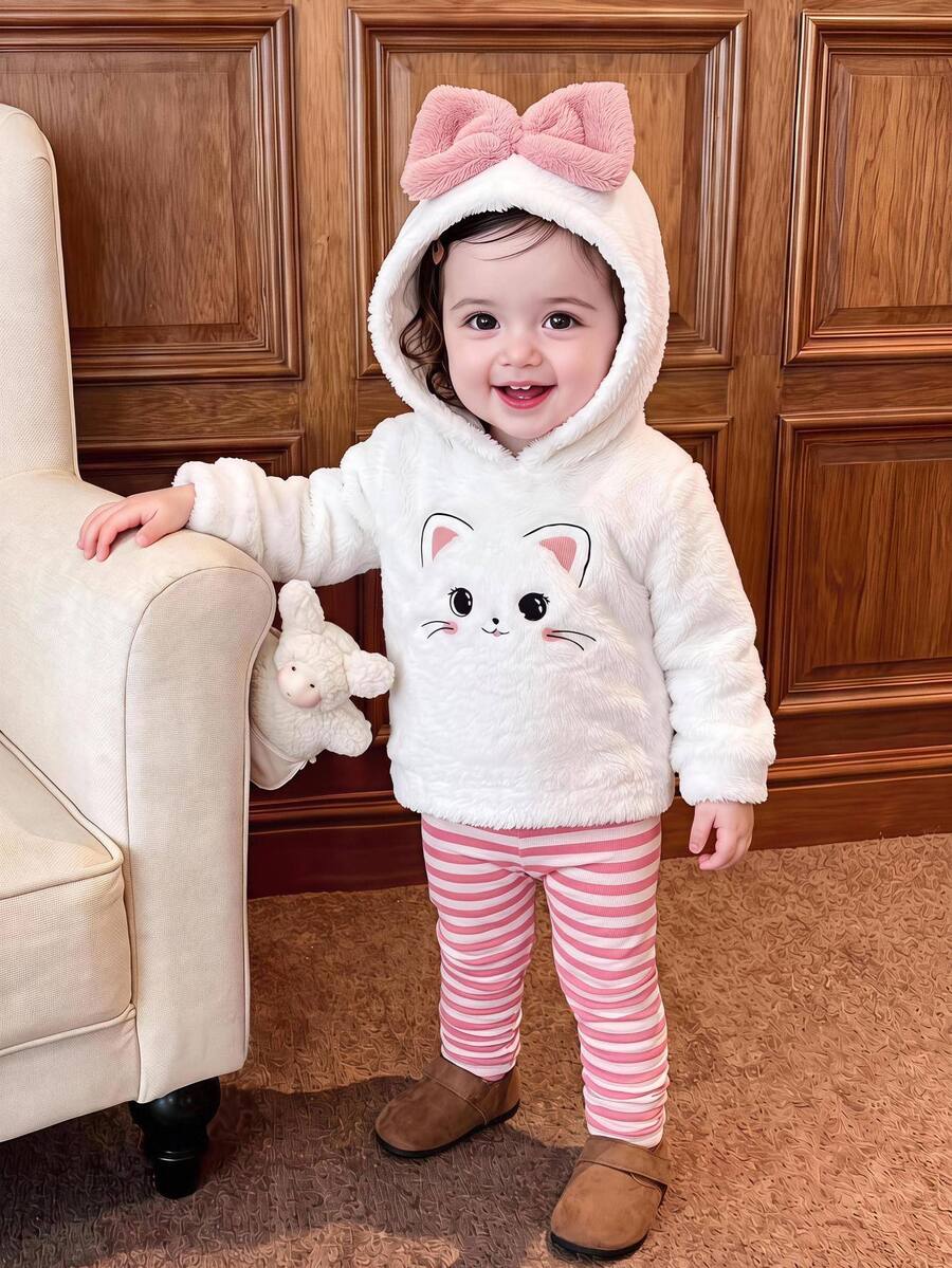 SHEIN Setelan Baju Hoodie dan Celana Panjang Bergaris Motif Kartun Lucu untuk Bayi Perempuan - Putih - View 1