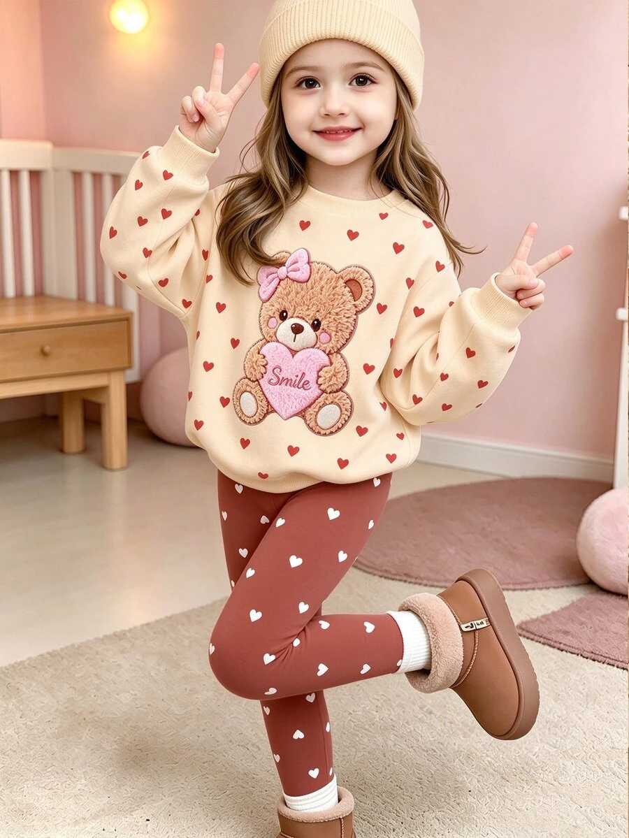 Young Girl Cute Bear Print Long Sleeve Sweatshirt And Leggings Set Autumn Winter - Multicolor - View 1
