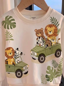 Baby Boy Crew Neck Casual Pullover Sweatshirt, Printed With Classic Cute Animal Protection Patrol Hand-Drawn Fairy Tale Animal Patterns, Leopard, Bear, Lion, Zebra, Crocodile, Suitable For Autumn/Winter With Fleece Lining And Thickened - Multicolor - View 6