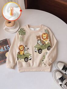 Baby Boy Crew Neck Casual Pullover Sweatshirt, Printed With Classic Cute Animal Protection Patrol Hand-Drawn Fairy Tale Animal Patterns, Leopard, Bear, Lion, Zebra, Crocodile, Suitable For Autumn/Winter With Fleece Lining And Thickened - Multicolor - View 5