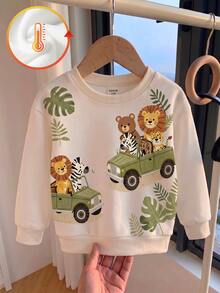 Baby Boy Crew Neck Casual Pullover Sweatshirt, Printed With Classic Cute Animal Protection Patrol Hand-Drawn Fairy Tale Animal Patterns, Leopard, Bear, Lion, Zebra, Crocodile, Suitable For Autumn/Winter With Fleece Lining And Thickened - Multicolor - View 2