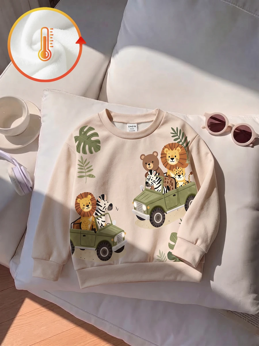 Baby Boy Crew Neck Casual Pullover Sweatshirt, Printed With Classic Cute Animal Protection Patrol Hand-Drawn Fairy Tale Animal Patterns, Leopard, Bear, Lion, Zebra, Crocodile, Suitable For Autumn/Winter With Fleece Lining And Thickened - Multicolor - View 1