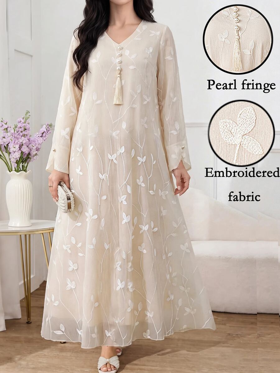 Al Najma Women's Elegant Embroidered Arabian Dress - Apricot - View 1