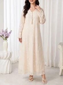 Al Najma Women's Elegant Embroidered Arabian Dress - Apricot - View 7