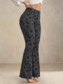 Selenza Fall Halloween Casual Sexy High Waist Flare Leopard Black Denim Going Out Plus Size Jeans For Women - Multicolor - View 6