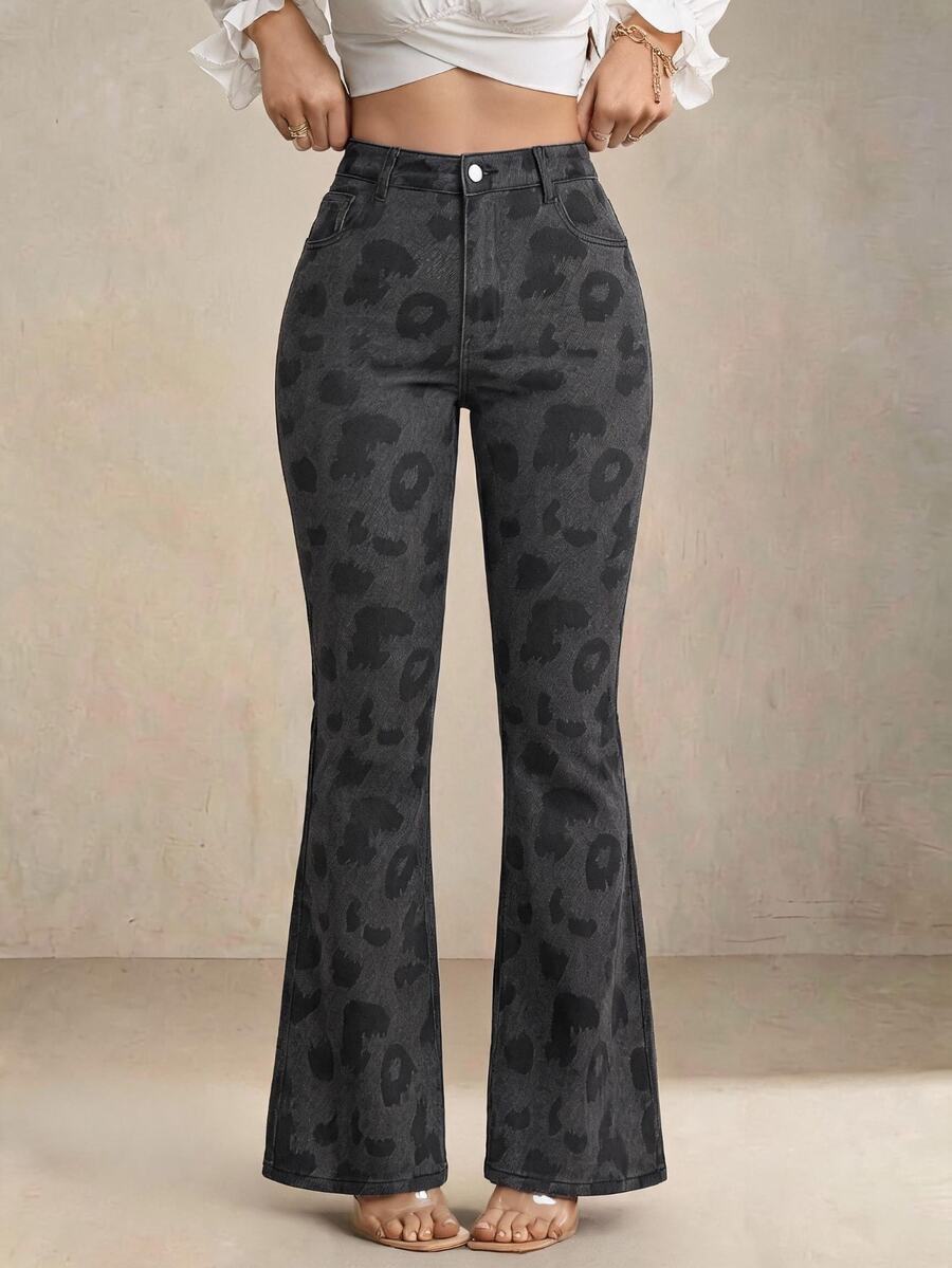 Selenza Fall Halloween Casual Sexy High Waist Flare Leopard Black Denim Going Out Plus Size Jeans For Women - Multicolor - View 1
