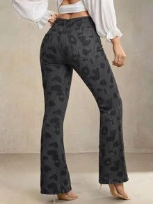 Selenza Fall Halloween Casual Sexy High Waist Flare Leopard Black Denim Going Out Plus Size Jeans For Women - Multicolor - View 2