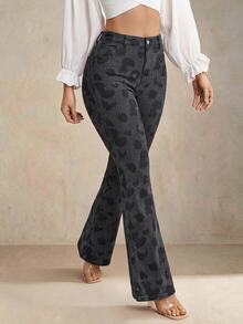 Selenza Fall Halloween Casual Sexy High Waist Flare Leopard Black Denim Going Out Plus Size Jeans For Women - Multicolor - View 7