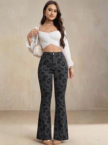 Selenza Fall Halloween Casual Sexy High Waist Flare Leopard Black Denim Going Out Plus Size Jeans For Women - Multicolor - View 5