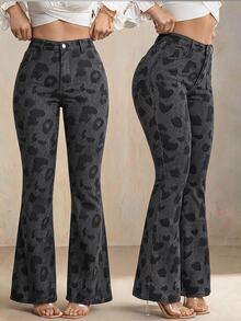 Selenza Fall Halloween Casual Sexy High Waist Flare Leopard Black Denim Going Out Plus Size Jeans For Women - Multicolor - View 4