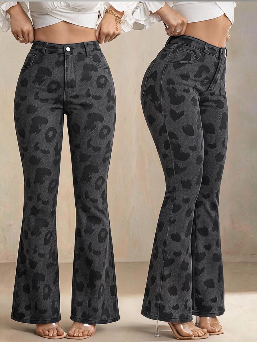 Selenza Fall Halloween Casual Sexy High Waist Flare Leopard Black Denim Going Out Plus Size Jeans For Women - Multicolor - View 1
