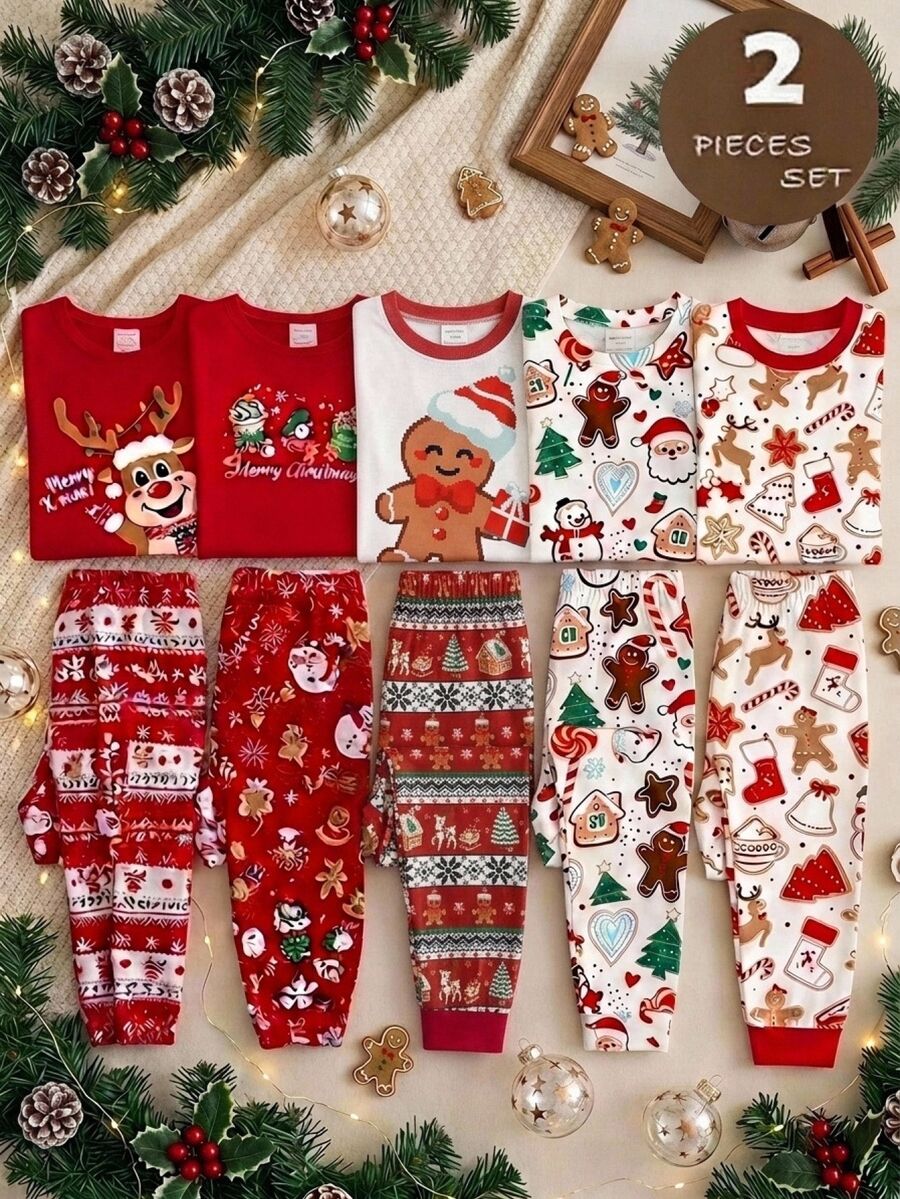SHEIN Tween Girls Tween Girl Autumn/Winter Christmas Cute Fashion Versatile Party Long Sleeve Pants Set, Daily Home Wear, Slim Fit - Red - View 1