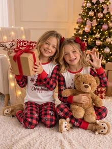SHEIN Tween Girls Tween Girl Autumn/Winter Christmas Cute Fashion Versatile Party Long Sleeve Pants Set, Daily Home Wear, Slim Fit - Red - View 4