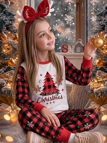 SHEIN Tween Girls Tween Girl Autumn/Winter Christmas Cute Fashion Versatile Party Long Sleeve Pants Set, Daily Home Wear, Slim Fit - Red - View 7