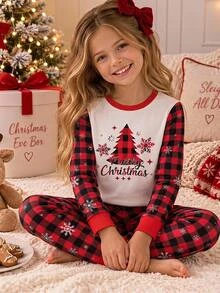 SHEIN Tween Girls Tween Girl Autumn/Winter Christmas Cute Fashion Versatile Party Long Sleeve Pants Set, Daily Home Wear, Slim Fit - Red - View 8