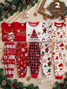 SHEIN Tween Girls Tween Girl Autumn/Winter Christmas Cute Fashion Versatile Party Long Sleeve Pants Set, Daily Home Wear, Slim Fit - Red - View 13