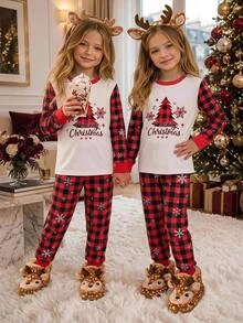SHEIN Tween Girls Tween Girl Autumn/Winter Christmas Cute Fashion Versatile Party Long Sleeve Pants Set, Daily Home Wear, Slim Fit - Red - View 6