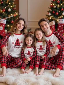 SHEIN Tween Girls Tween Girl Autumn/Winter Christmas Cute Fashion Versatile Party Long Sleeve Pants Set, Daily Home Wear, Slim Fit - Red - View 2