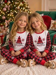 SHEIN Tween Girls Tween Girl Autumn/Winter Christmas Cute Fashion Versatile Party Long Sleeve Pants Set, Daily Home Wear, Slim Fit - Red - View 3