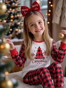 SHEIN Tween Girls Tween Girl Autumn/Winter Christmas Cute Fashion Versatile Party Long Sleeve Pants Set, Daily Home Wear, Slim Fit - Red - View 5