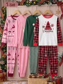 SHEIN Tween Girls Tween Girl Autumn/Winter Christmas Cute Fashion Versatile Party Long Sleeve Pants Set, Daily Home Wear, Slim Fit - Red - View 12