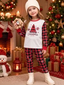SHEIN Tween Girls Tween Girl Autumn/Winter Christmas Cute Fashion Versatile Party Long Sleeve Pants Set, Daily Home Wear, Slim Fit - Red - View 1