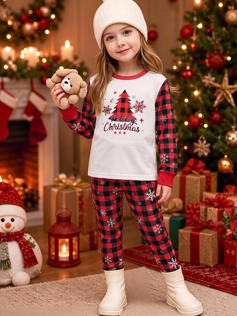 SHEIN Tween Girls Tween Girl Autumn/Winter Christmas Cute Fashion Versatile Party Long Sleeve Pants Set, Daily Home Wear, Slim Fit - Red - View 1