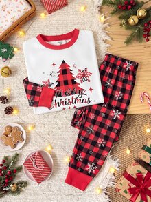 SHEIN Tween Girls Tween Girl Autumn/Winter Christmas Cute Fashion Versatile Party Long Sleeve Pants Set, Daily Home Wear, Slim Fit - Red - View 11